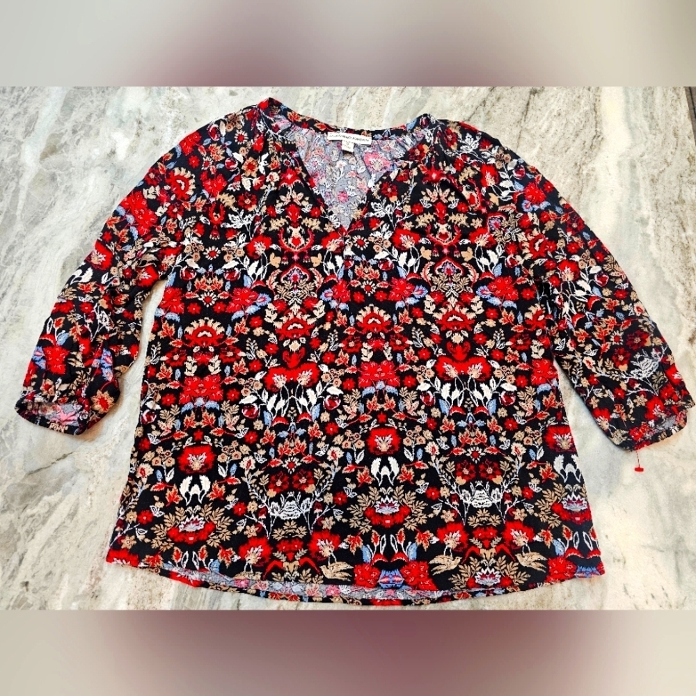 Alexander Jordan Floral Rayon Blouse S Black Red Boho Long Sleeve Top